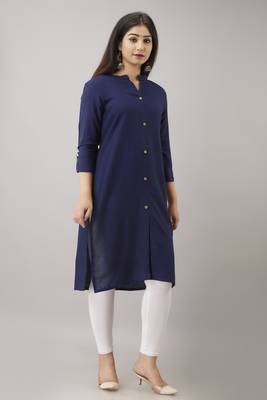 Women Solid Straight Rayon Kurta And Kurti Navy Blue 3