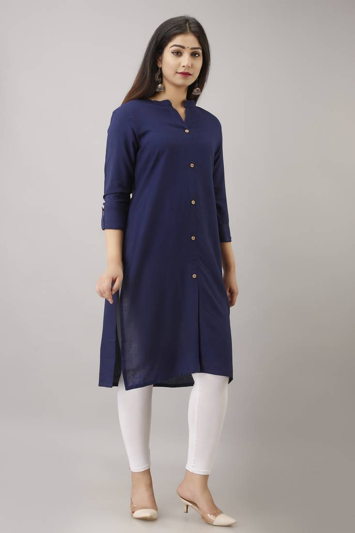 Women Solid Straight Rayon Kurta And Kurti Navy Blue