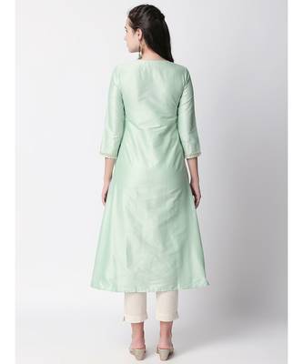 Ethnicity Polystaple A Line Sap Green Kurta 4