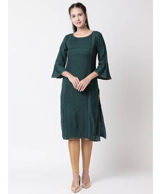 Ethnicity Rayon Flax Straight Forest Green Kurta 1