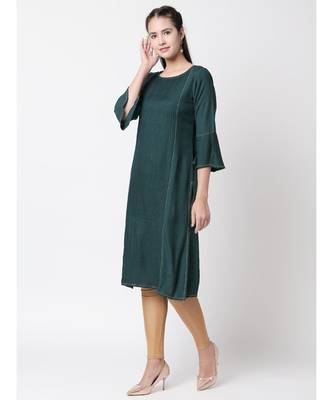 Ethnicity Rayon Flax Straight Forest Green Kurta 2