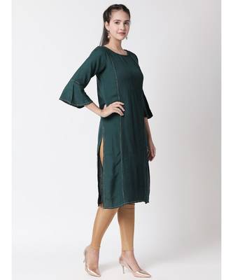 Ethnicity Rayon Flax Straight Forest Green Kurta 3
