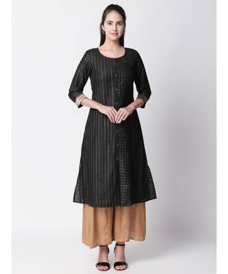 Ethnicity Polyster Slub Jari Straight Black Kurta 1