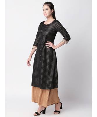 Ethnicity Polyster Slub Jari Straight Black Kurta 2