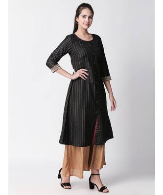 Ethnicity Polyster Slub Jari Straight Black Kurta 3