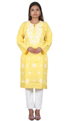 Lavangi Women's Lucknow Chikan Embroidery Work Khadi Cotton Kurti (Yellow) 1