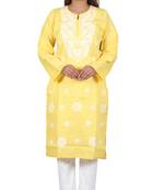 Lavangi Women's Lucknow Chikan Embroidery Work Khadi Cotton Kurti (Yellow)