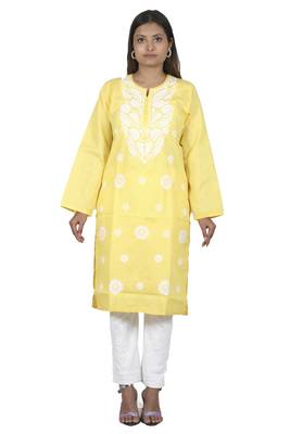 Lavangi Women's Lucknow Chikan Embroidery Work Khadi Cotton Kurti (Yellow) 2