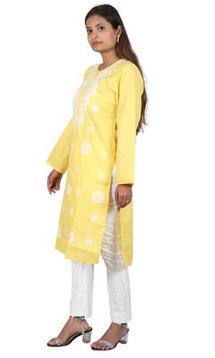Lavangi Women's Lucknow Chikan Embroidery Work Khadi Cotton Kurti (Yellow) 3