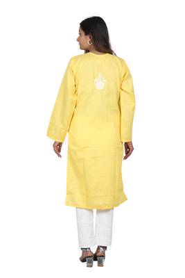 Lavangi Women's Lucknow Chikan Embroidery Work Khadi Cotton Kurti (Yellow) 4