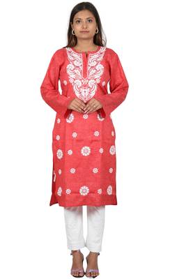 Lavangi Women's Lucknow Chikan Embroidery Work Khadi Cotton Kurti (Red) 1