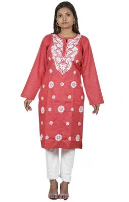 Lavangi Women's Lucknow Chikan Embroidery Work Khadi Cotton Kurti (Red) 2