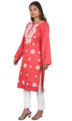 Lavangi Women's Lucknow Chikan Embroidery Work Khadi Cotton Kurti (Red) 3