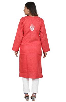 Lavangi Women's Lucknow Chikan Embroidery Work Khadi Cotton Kurti (Red) 4