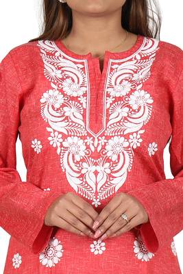 Lavangi Women's Lucknow Chikan Embroidery Work Khadi Cotton Kurti (Red) 5