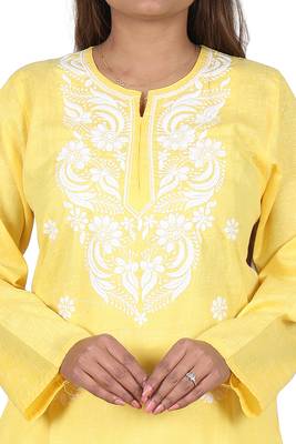 Lavangi Women's Lucknow Chikan Embroidery Work Khadi Cotton Kurti (Yellow) 5