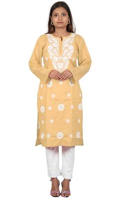 Lavangi Women's Lucknow Chikan Embroidery Work Khadi Cotton Kurti (Fawn) 1