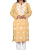 Lavangi Women's Lucknow Chikan Embroidery Work Khadi Cotton Kurti (Fawn)