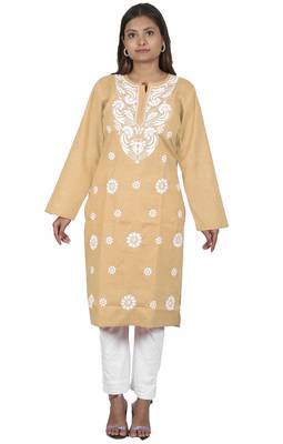 Lavangi Women's Lucknow Chikan Embroidery Work Khadi Cotton Kurti (Fawn) 2