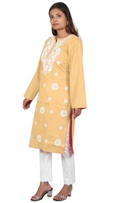 Lavangi Women's Lucknow Chikan Embroidery Work Khadi Cotton Kurti (Fawn) 3