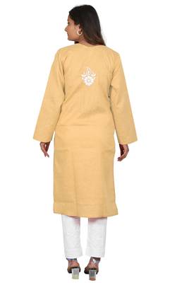 Lavangi Women's Lucknow Chikan Embroidery Work Khadi Cotton Kurti (Fawn) 4