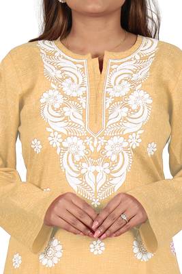 Lavangi Women's Lucknow Chikan Embroidery Work Khadi Cotton Kurti (Fawn) 5