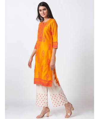 Ethnicity Polystaple Straight Mustard Kurta 4