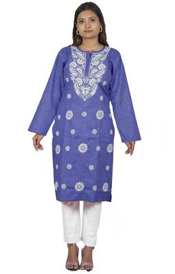 Lavangi Women's Lucknow Chikan Embroidery Work Khadi Cotton Kurti (Dark Blue) 1