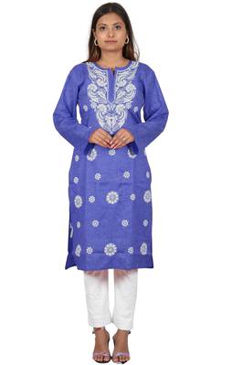 Lavangi Women's Lucknow Chikan Embroidery Work Khadi Cotton Kurti (Dark Blue) 2
