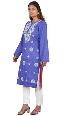 Lavangi Women's Lucknow Chikan Embroidery Work Khadi Cotton Kurti (Dark Blue) 3