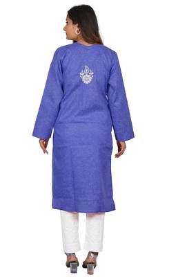 Lavangi Women's Lucknow Chikan Embroidery Work Khadi Cotton Kurti (Dark Blue) 4