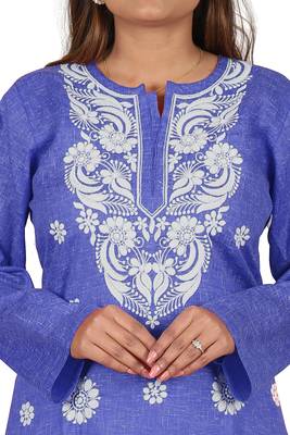 Lavangi Women's Lucknow Chikan Embroidery Work Khadi Cotton Kurti (Dark Blue) 5