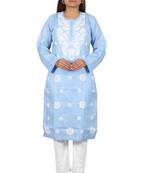 Lavangi Women's Lucknow Chikan Embroidery Work Khadi Cotton Kurti (Light Blue)