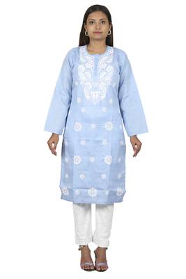 Lavangi Women's Lucknow Chikan Embroidery Work Khadi Cotton Kurti (Light Blue) 2