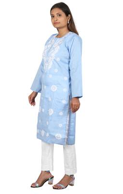 Lavangi Women's Lucknow Chikan Embroidery Work Khadi Cotton Kurti (Light Blue) 3