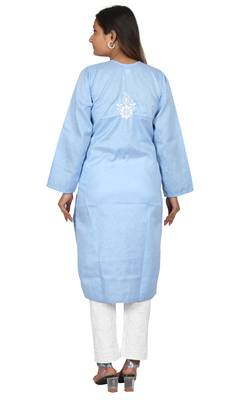 Lavangi Women's Lucknow Chikan Embroidery Work Khadi Cotton Kurti (Light Blue) 4