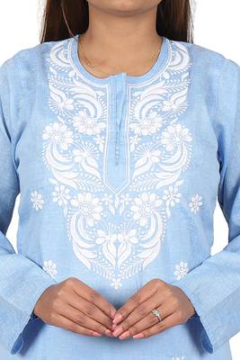 Lavangi Women's Lucknow Chikan Embroidery Work Khadi Cotton Kurti (Light Blue) 5