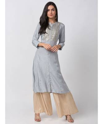 Ethnicity Cotton Silk A Line Grey Kurta 3