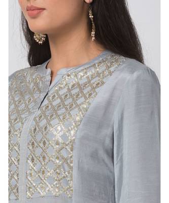 Ethnicity Cotton Silk A Line Grey Kurta 4