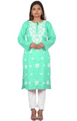 Lavangi Women's Lucknow Chikan Embroidery Work Khadi Cotton Kurti (Sea Green) 1