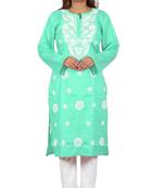 Lavangi Women's Lucknow Chikan Embroidery Work Khadi Cotton Kurti (Sea Green)