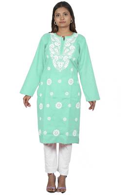 Lavangi Women's Lucknow Chikan Embroidery Work Khadi Cotton Kurti (Sea Green) 2