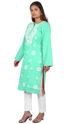 Lavangi Women's Lucknow Chikan Embroidery Work Khadi Cotton Kurti (Sea Green) 3