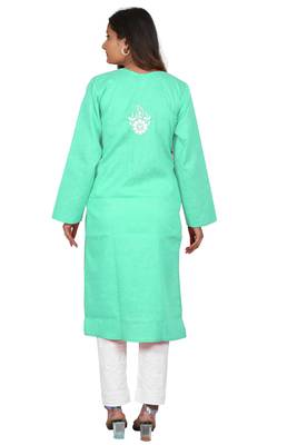 Lavangi Women's Lucknow Chikan Embroidery Work Khadi Cotton Kurti (Sea Green) 4
