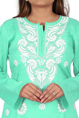 Lavangi Women's Lucknow Chikan Embroidery Work Khadi Cotton Kurti (Sea Green) 5