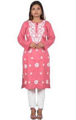 Lavangi Women's Lucknow Chikan Embroidery Work Khadi Cotton Kurti (Gajiri) 1