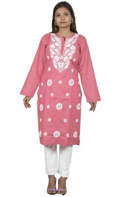 Lavangi Women's Lucknow Chikan Embroidery Work Khadi Cotton Kurti (Gajiri) 2