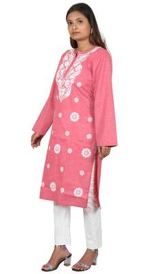 Lavangi Women's Lucknow Chikan Embroidery Work Khadi Cotton Kurti (Gajiri) 3