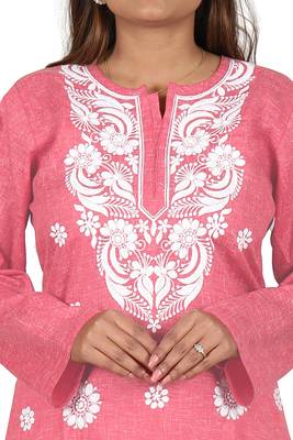 Lavangi Women's Lucknow Chikan Embroidery Work Khadi Cotton Kurti (Gajiri) 5