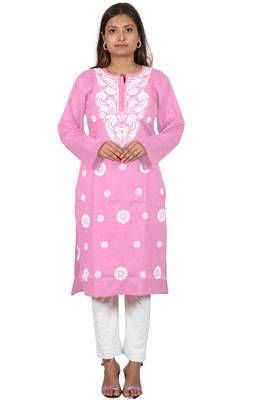 Lavangi Women's Lucknow Chikan Embroidery Work Khadi Cotton Kurti (Pink) 1